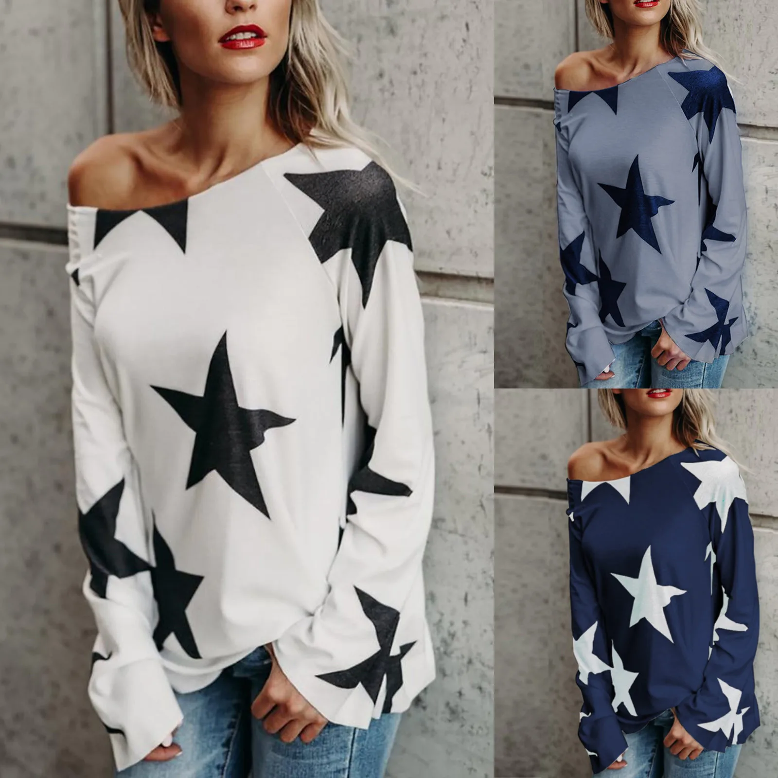 

Girl Women Pullover Sweatshirt Star Crop Long Jumper Strapless Sleeve Tops Women's Blouse Solid Workout Tops Women