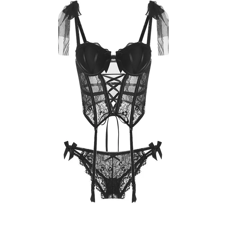 Sexy Underwear Set with Corset Mesh Sheer Lingerie Tight Spaghetti Strap Sleep Tops Erotic Set Corset Outfits Padded Breif Set