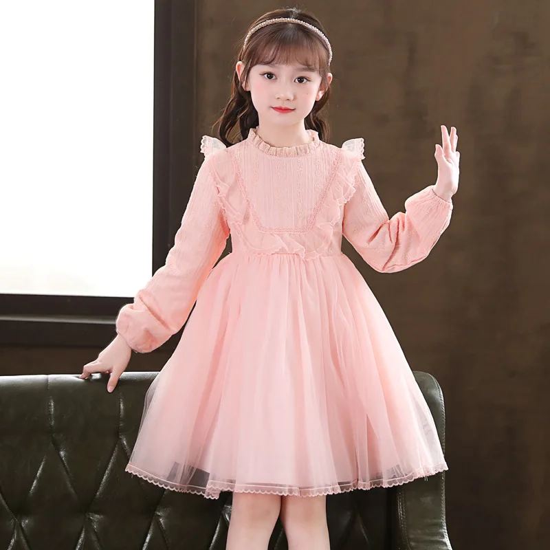 Spring Pink White Long Sleeves Children Turn-down Collar Princess