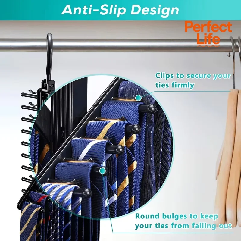 Tie and Belt Bracket Space Saving with Rotating Bracket and Non Slip Clip Adjustable Tie Storage Rack Rotating Household