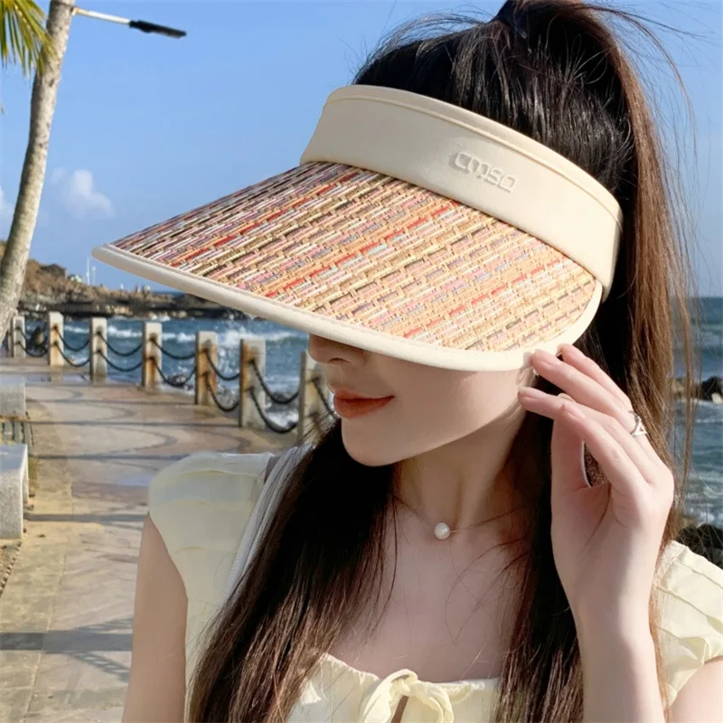 

Summer New Style Empty Top Cap Rainbow Stripe Fashion Versatile Outdoor Anti-Ultraviolet Sun Hat Large Brim Sunshade Hat