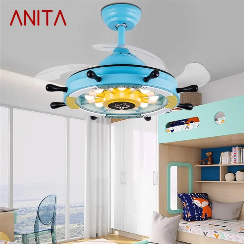 

ANITA Modern Child Ceiling Fan Lights With Remote Control 3 Colors LED Blue For Home kid's Room kindergarten Bedroom Restaurant