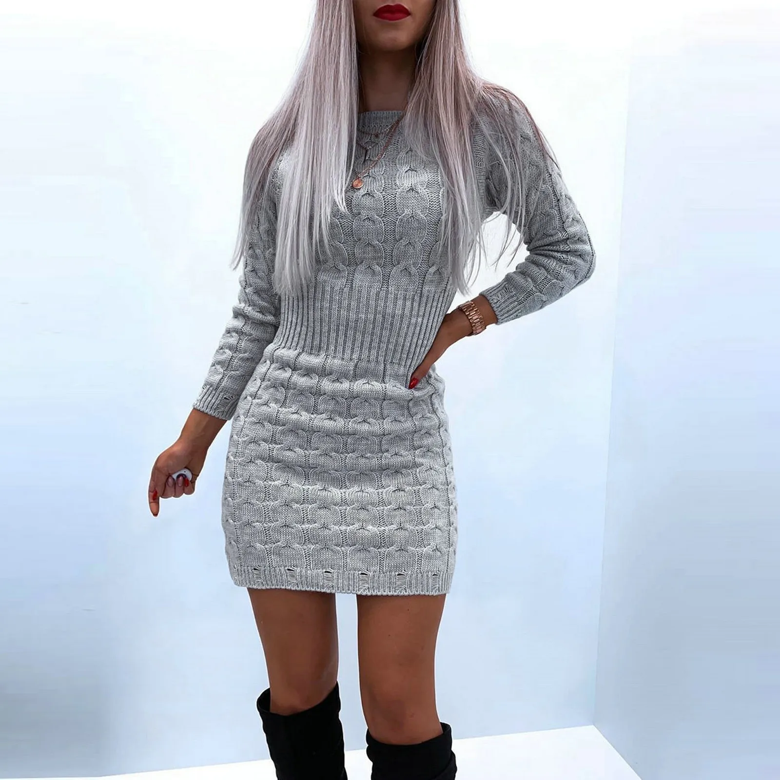 Elegant Solid Color Knitted Mini Dress Women Autumn Winter Long Sleeve Warm Sweater Dress Pullover Ladies Jumper Female Clothes