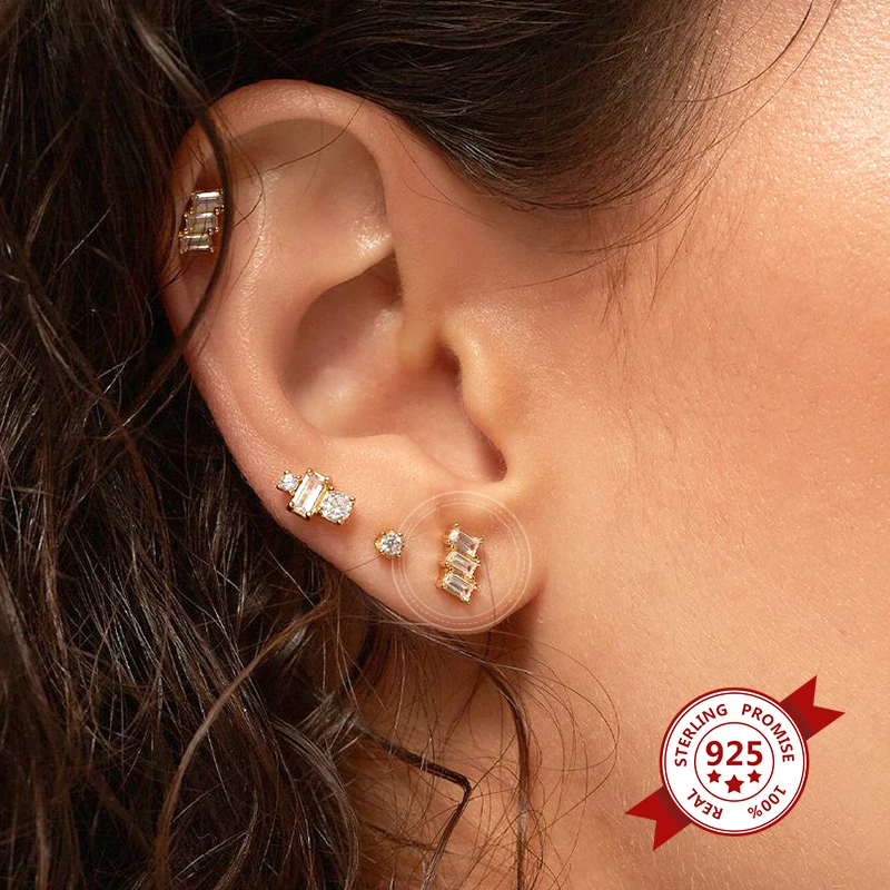 925 Sterling Silver Needle Diamond Three Zircon Stud Earrings for Women Piercing Luxury Crystal Earrings Jewelry Party 2024