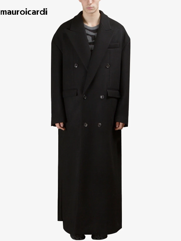 Mauroicardi Autumn Winter Extra Long Black Oversized Thick Warm Soft Wool & Blends Coat Men Double Breasted Korean Fashion 2023 2
