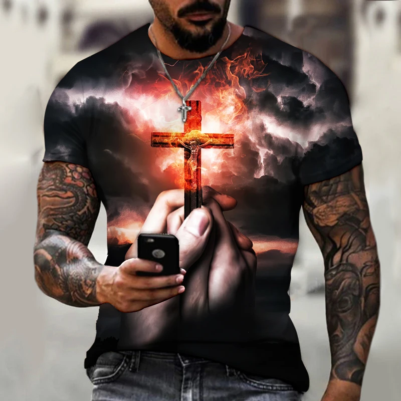 Camiseta de manga curta grande masculina, Deus, Religião, Cristo, Estampa Cruz de Jesus, gola redonda, moda casual, roupa de verão 8 Seeb3d952f950444187b4a73caab9eae7S