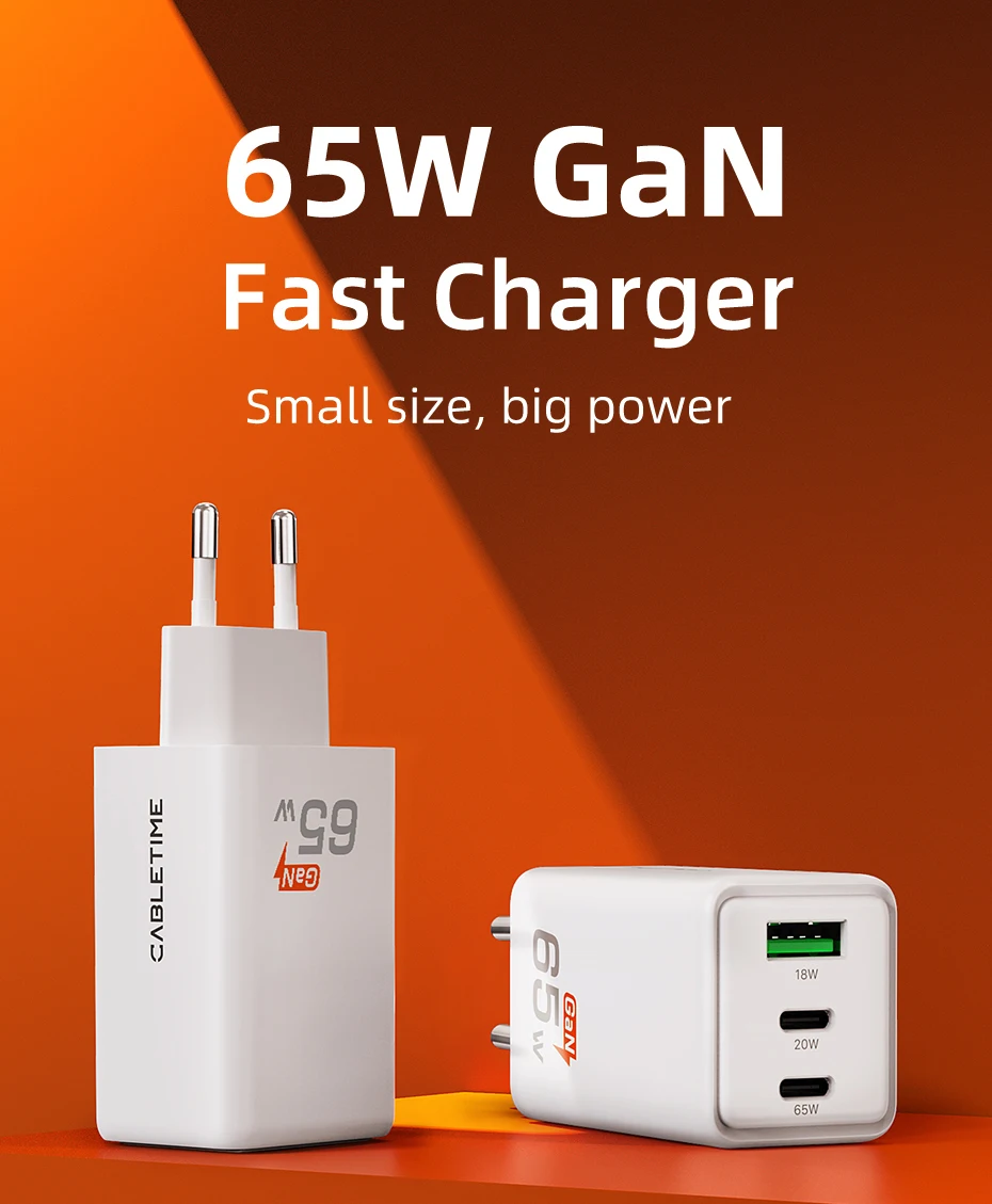 CABLETIME GaN Ladegerät 65 W Schnellladung 4.0 3.0 USB C PD Ladegerät für MacBook Air iPhone 16 15 14 iPAD Tablet PD Schnellladegerät – Detail 1
