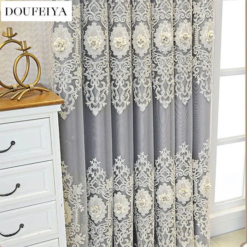 European Embroider Tulle Double Layer Luxury Curtains for Living Room Bedroom Embossed Design Blackout Villa Window Sheer Custom 2