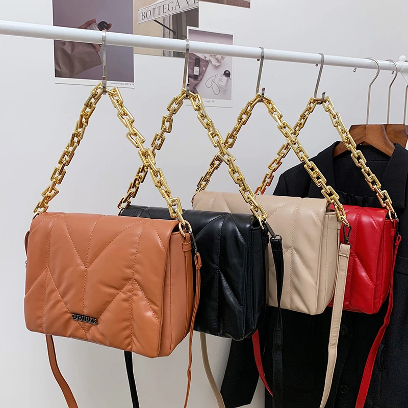 

Large Messenger Shoulder Bag For Women Fashion Embroidery Thread PU Leather Crossbody Bag 2023 Luxury Handbag Thick Chain Clutch