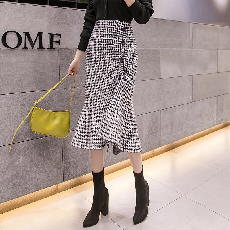 

Hsa 2023 New Hip Wrap Skirt Half Length Women's Mid Length Plaid Slim High Waisted Button Fashion All-match Split Fishtail Skirt