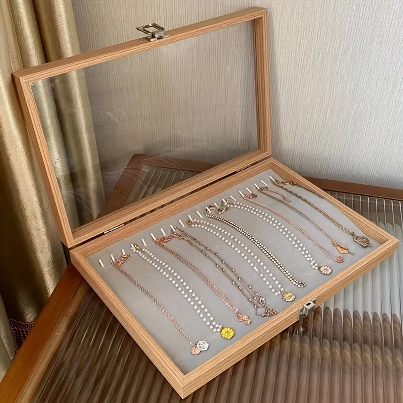 1PC Glass Lid Jewelry Box With 20 Hooks, Stackable Necklace Storage Case, Bracelet And Choker Chain Display Organizer 3
