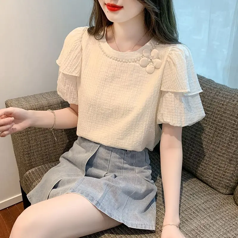 Women-Summer-Korean-Fashion-Lace-Solid-Color-O-neck-Short-Sleeve-Shirts ...