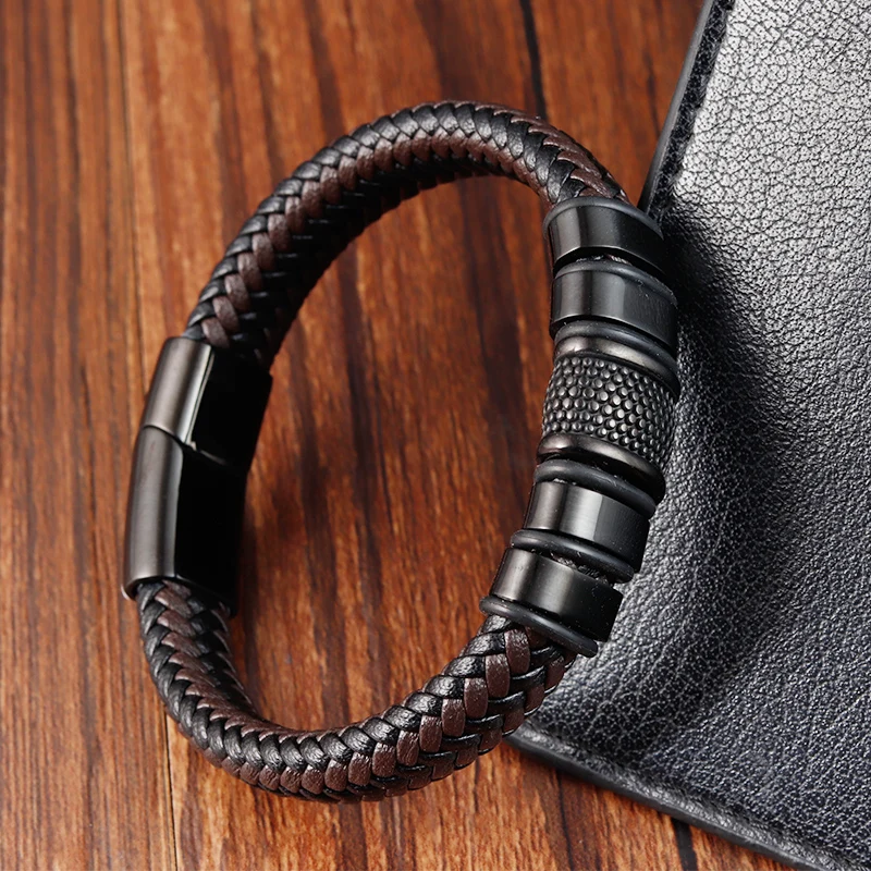 Gualiy Men's Stainless Steel & Leather Bracelet With Black Gold Buckle, Punk Style, 20cm Length, Hypoallergenic - View #14
