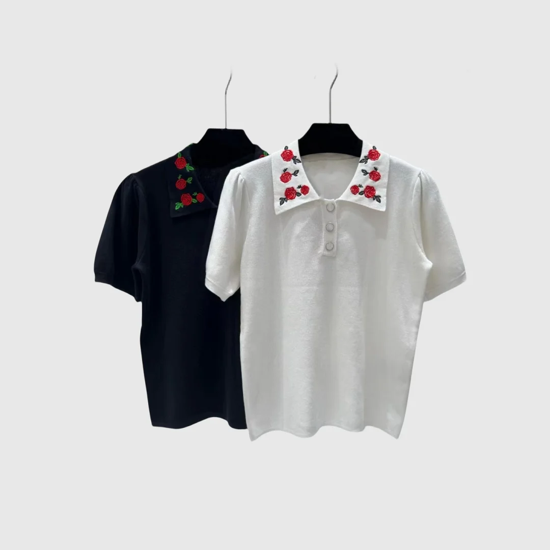

New style women's embroidered flower lapel knitted short sleeves for spring and summer