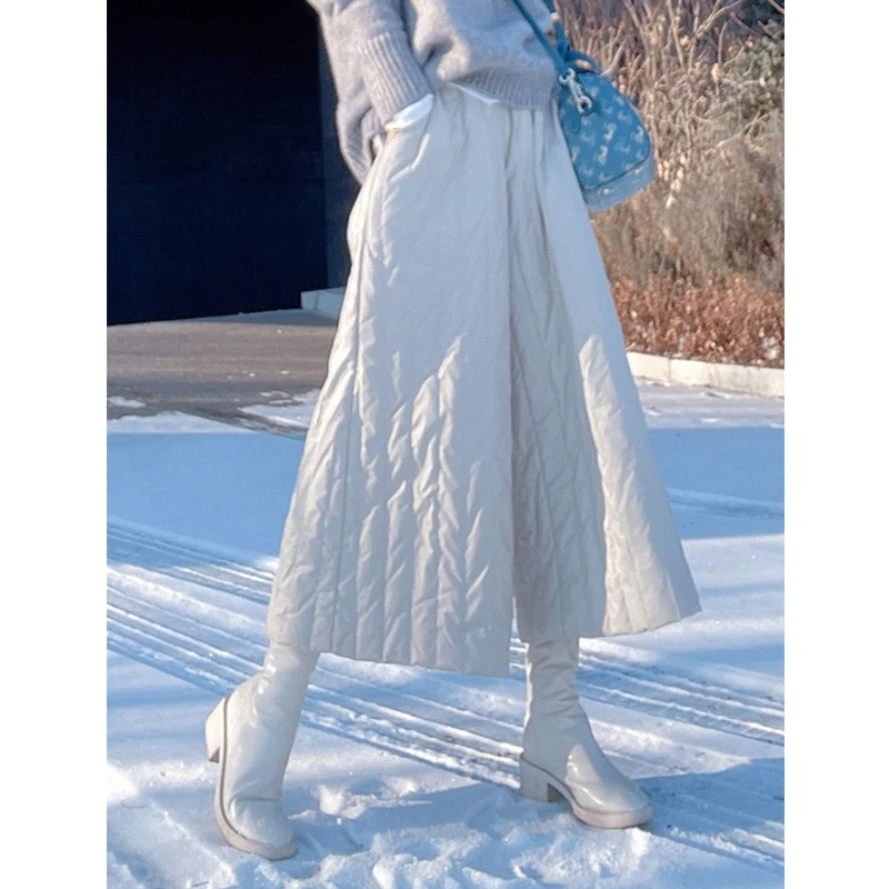 Women Winter Vintage Fashion Warm Down Cotton Quilted Wide Leg Pants Female High Waist Pocket Cropped Trousers Casual Pantalones