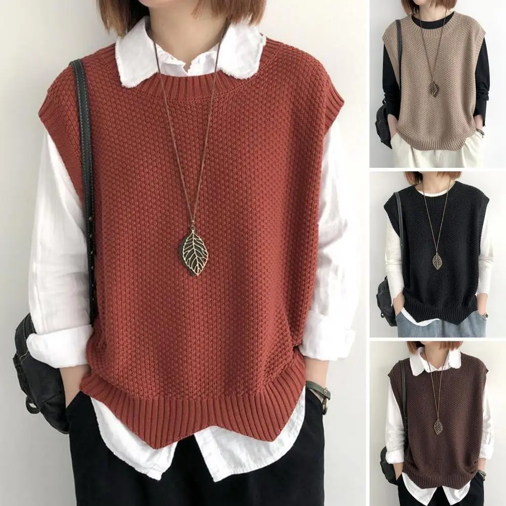 

Women Knitted Vest Cozy O Neck Knitted Vest for Women Autumn Winter Top with Wavy Hem Soft Warm Waistcoat Knitwear for Loose