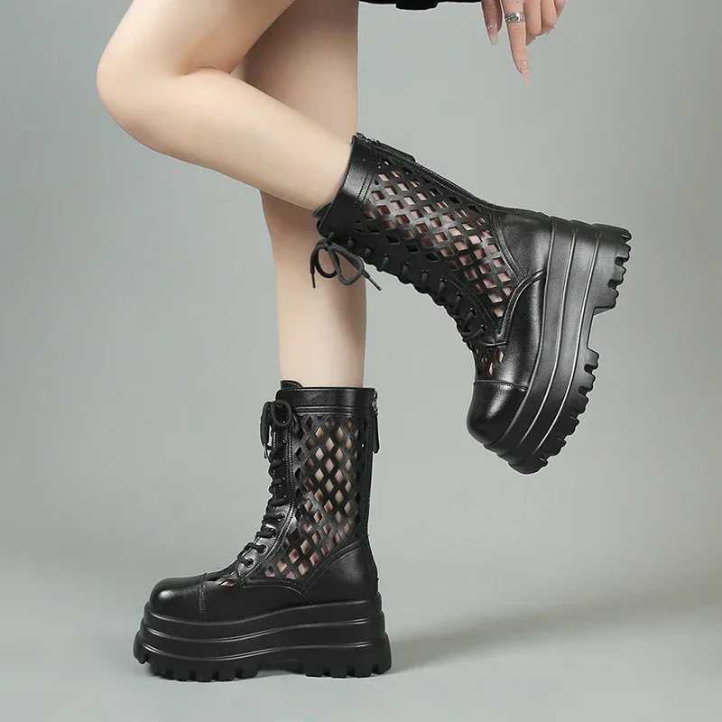 8cm Ankle Breathable Summer Hollow Moccasins Motorcycle Boots Genuine Leather Woman Fashion Sandals Openwork Shoes Boot