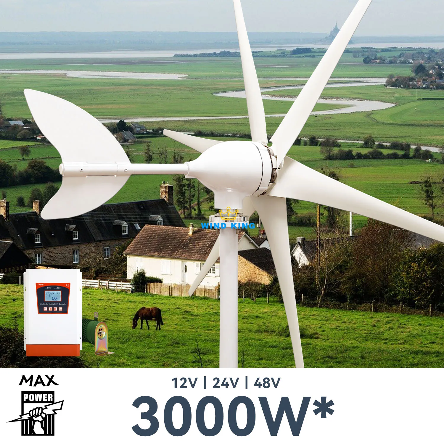 

WindKing 3000w Wind Turbine 6 Blades Horizontal Super Power High Efficiency Windmills With Hybrid Solar System Dynamo Home Use