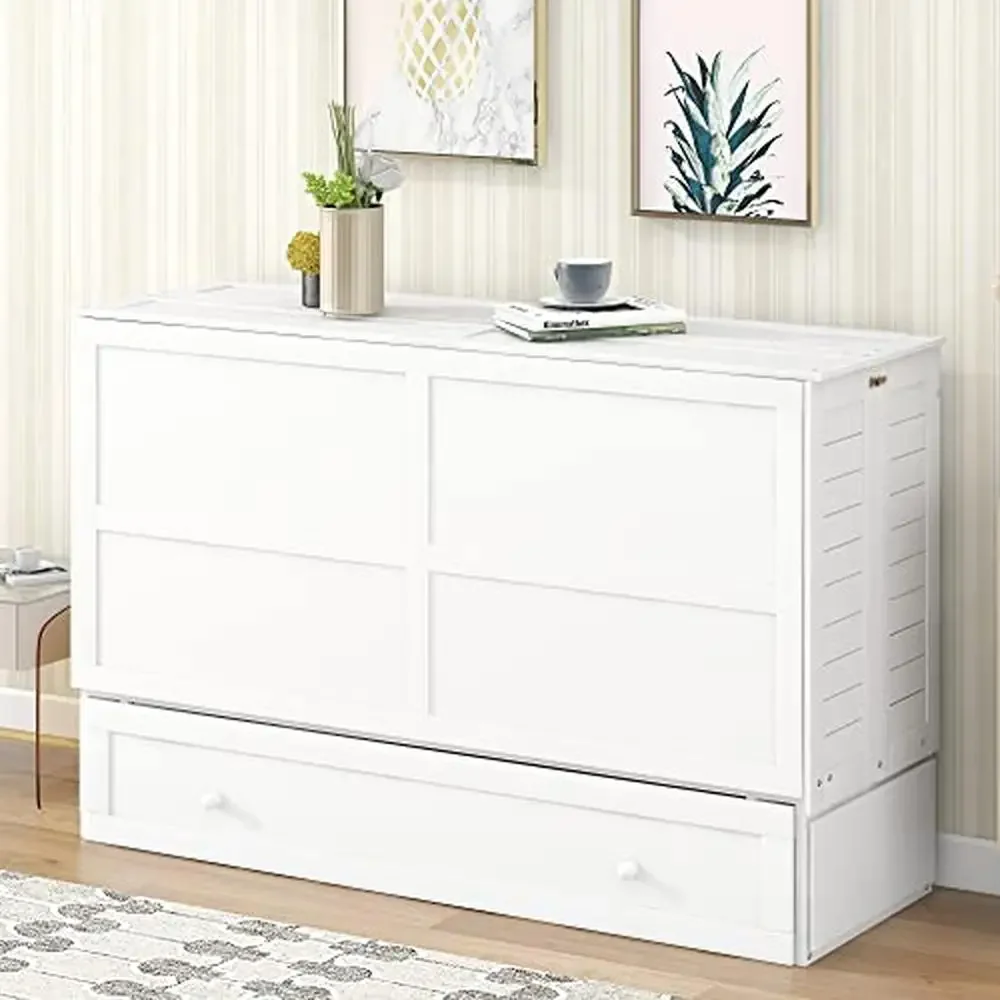 Queen Murphy Bed Frame with Storage Drawer and Bedside Shelves White Wood Frame