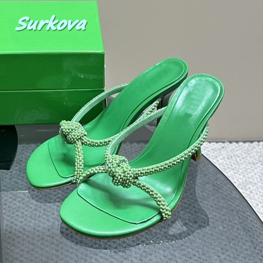 

Green Rhinestone Stiletto Slippers Summer Hottest Round Toe Thin High Heel Sexy Women Shoes Fashion Comfortable Outside Lady