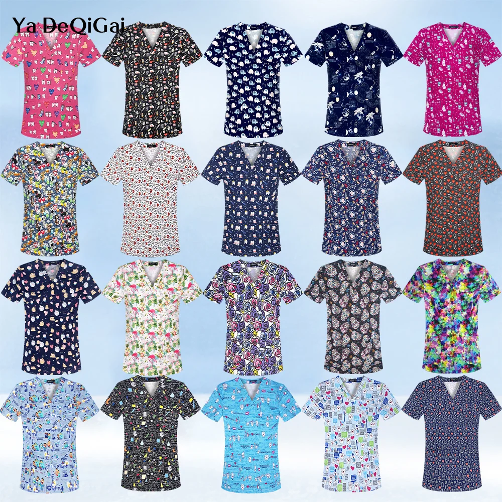 

Print Nurse Uniform Short Sleeve Doctor Uniform With Pocket Casual Mens Overalls T Shirt Care Top Scrubs Medical Uniforms Women