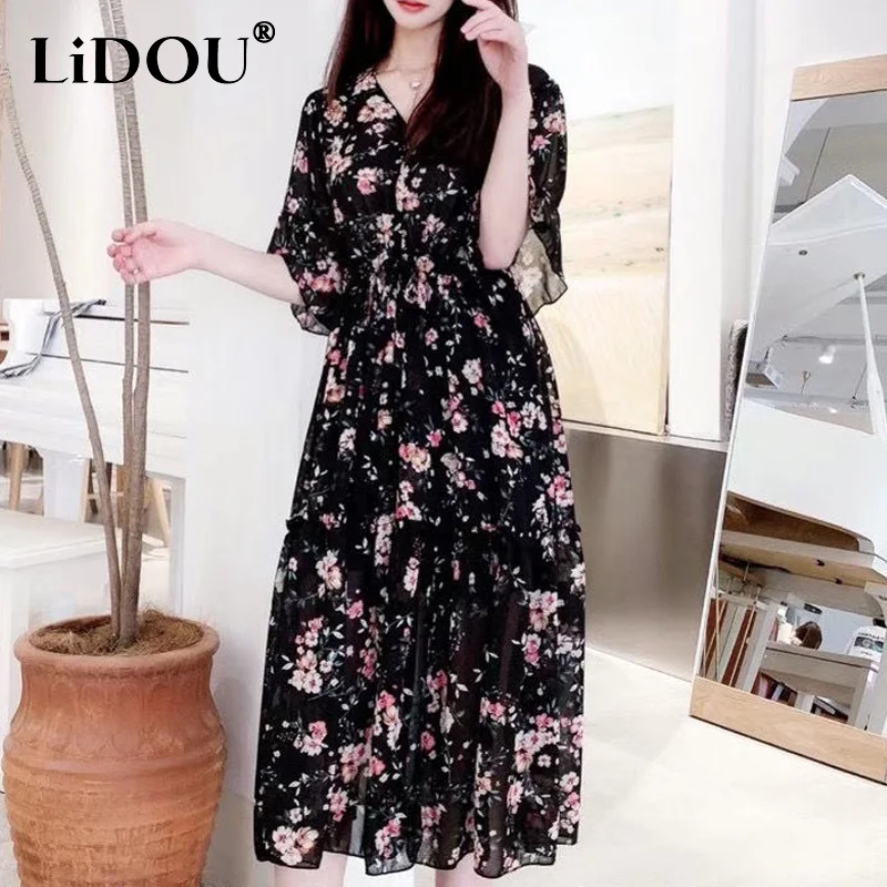 

French Style Sashes Floral Printing Half Sleeve V-neck Loose Casual Elegant Dress Women Thin Style Temperament ChiffonSkirts