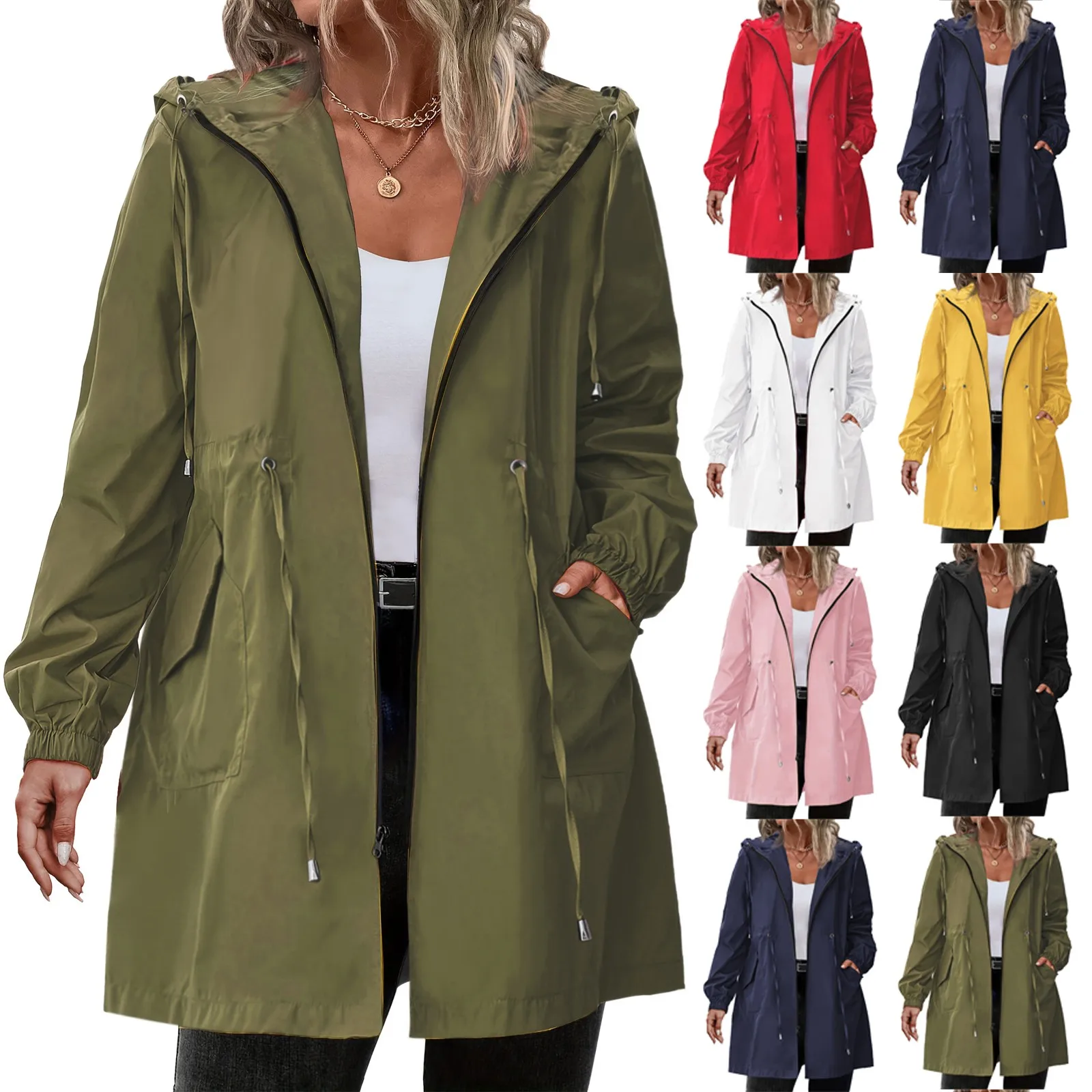 Women Trench Coat New Spring Autumn Jacket Casual Long Sleeve Hooded Mid Long Windbreaker Female Overcoat High-Quality Coats - 5