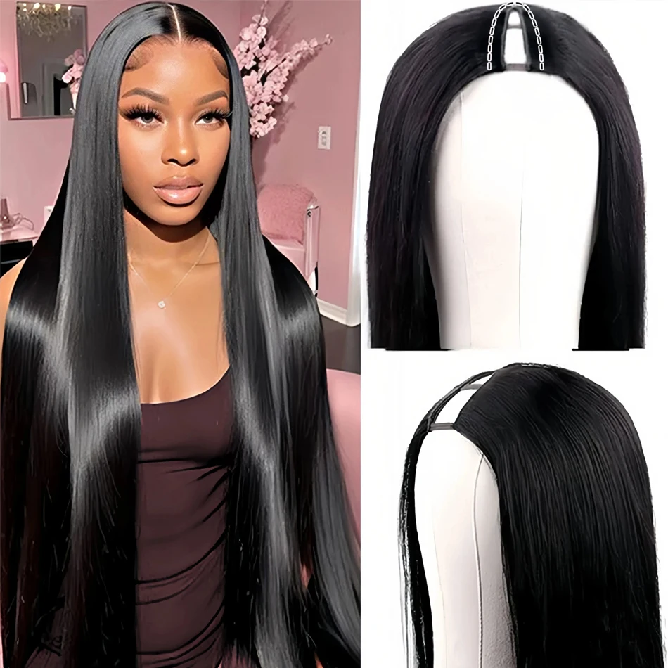 V Part Wig Bone Straight Human Hair Wigs For Women Glueless Brazilian Natural Color 250 Density Machine Made V Shape Wigs 40Inch