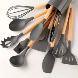12-Piece Multi-Color Silicone & Wood Kitchen Utensil Set: Non-Stick, Heat-Resistant Cooking Tools (12pcs gray)