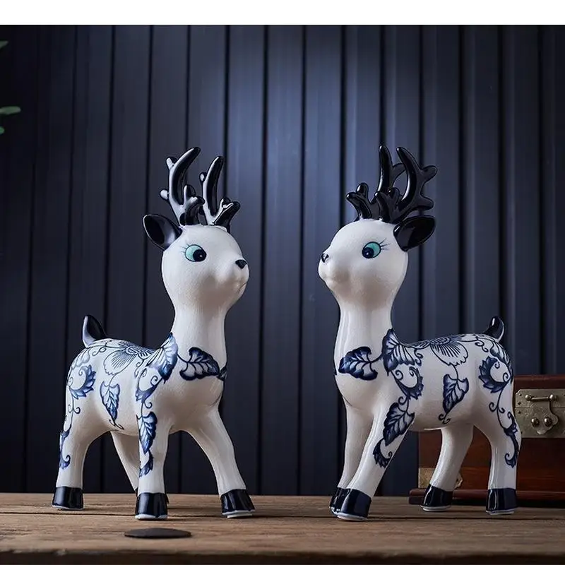 

Blue and White Deer Ceramic Ornament Living Room Tv Cabinet Decorations Crafts Statuette Knickknacks Figurines Home Accessories