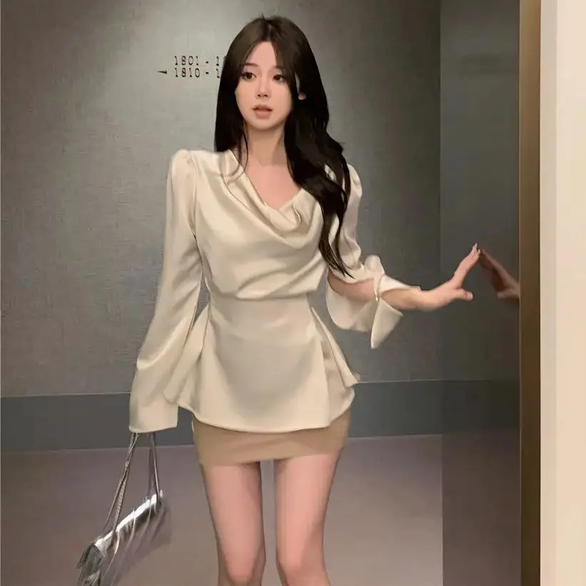 

French Style Retro Solid Color Women Chiffon Shirt Fashion New Pleated Long Sleeve Blouses Female Slim Tie Up Clothes Chic