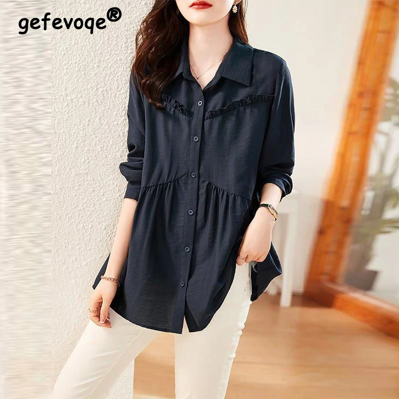 

Korean Fashion Ruffle Solid Loose Long Sleeve Tunic Tops Female Simple Casual Street Button Up Shirts Blouses for Women Clothing
