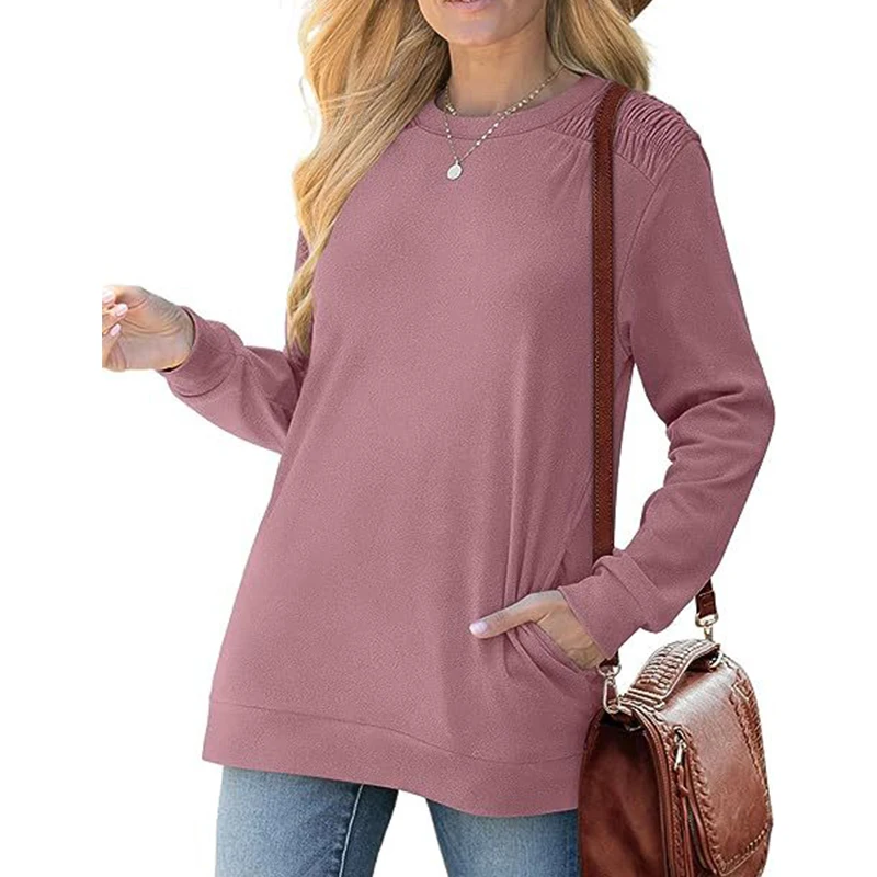 Autumn Winter Women's Round Neck Loose Casual Sweatshirt Female Folds Pocket Fashion Pullover Top Ladies Solid Color T-shirt Tee
