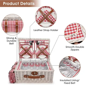 Picnic Baskets Cooler Set for 4 Persons with Large Waterproof Picnic Blanket, Insulated Compartment and Cutlery Service Kit-Red 5