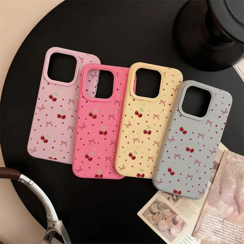 Cherry Silicone Shockproof Soft Leather Phone Case with Cute Heart and Bow Design