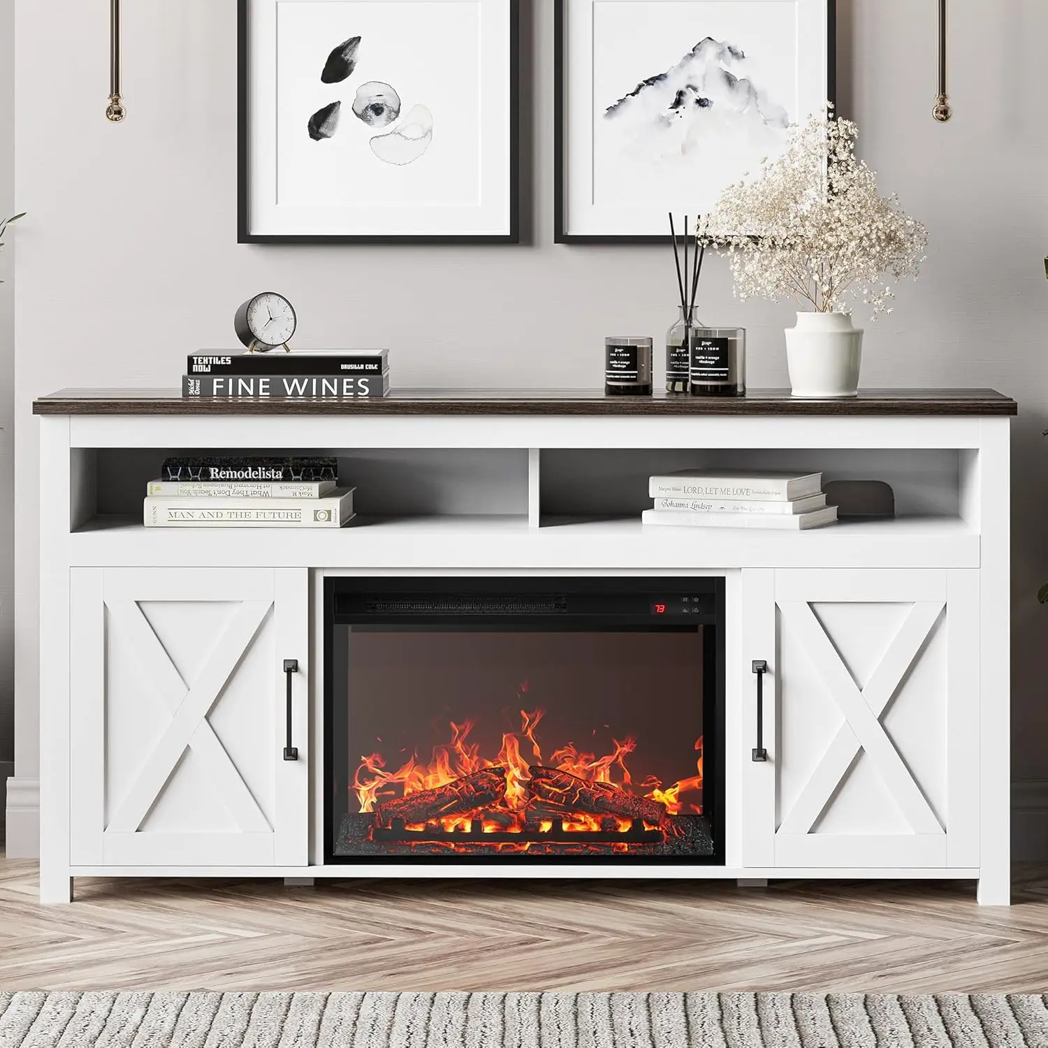 58" Farmhouse Fireplace TV Stand for TVs Up To 65" 23" Electric Fireplace Heater with Sound Barn Door Storage Cabinets - White 2