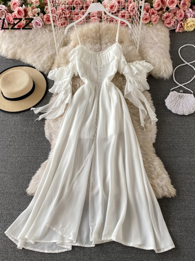Summer White Long Dress Women Sexy Off Shoulder Strapless Backless Ruffle Beach Dresses Elegant Ladies Maxi Dresses Vintage Robe