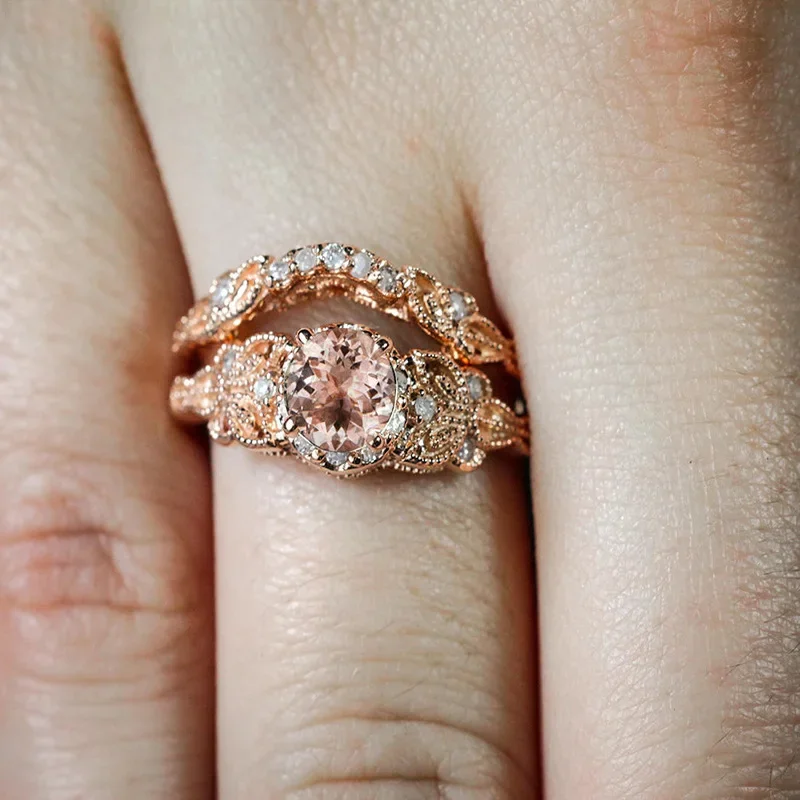 Women Wedding Ring Set Shiny Round Cut Zircon Stone Rings Rose Gold Color 2 Pcs