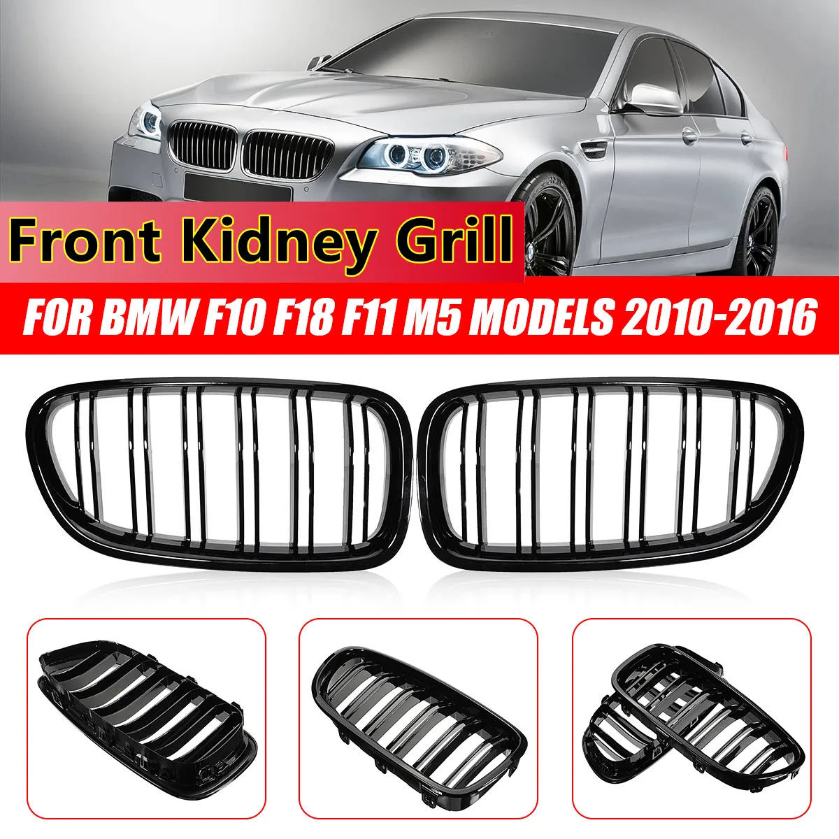 Front Kidney Grille Glossy Black Pair Double Slat For BMW 5 Series F10 F11 F18 2010-Dual Line Racing