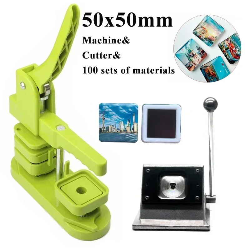 50x50mm Square Fridge Magnet Maker Machine Full Set with Paper Cutter + 100 Sets 50mm Materials Supply Acrylic Refrigerator Magnet