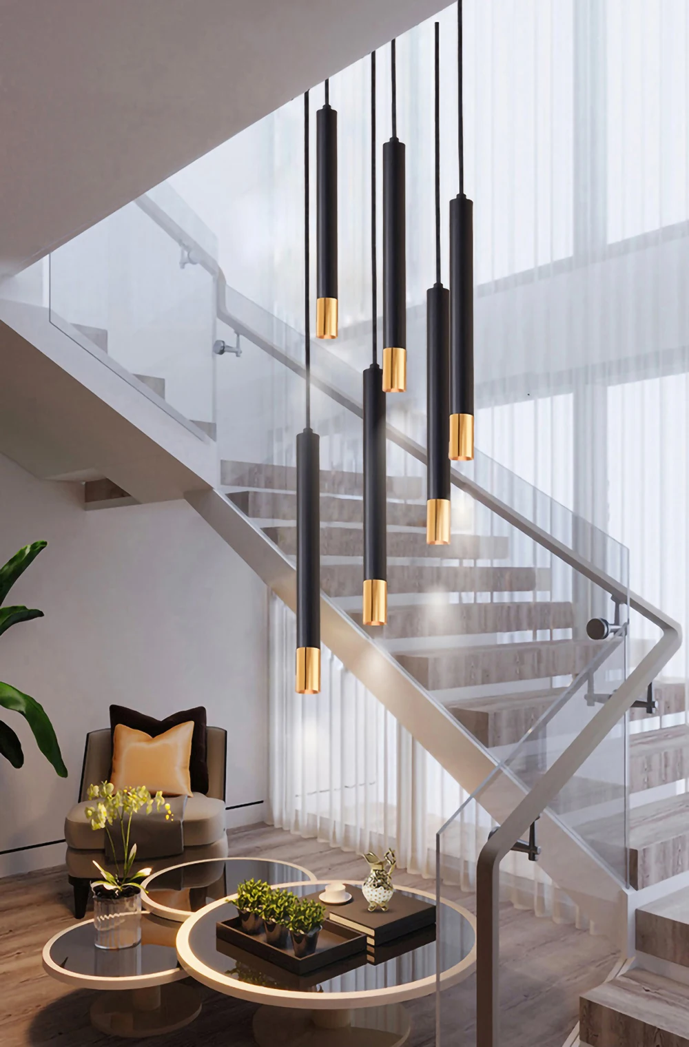 GU10 LED Pendant Lamp Long Tube Brushed Finish with Round Chassis Indoor Kitchen Island Bar Black White Gold Hanging Light