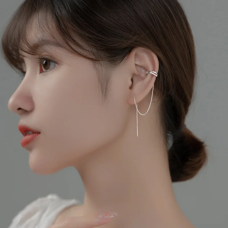 Clip Earrings SOFTPIG Real 925 Sterling Silver Zircon Cross Chain Tassel Clip Earrings For Women Party Fine Jewelry Hiphop Accessories ear clip earrings clip earrings ear clip ear accessories