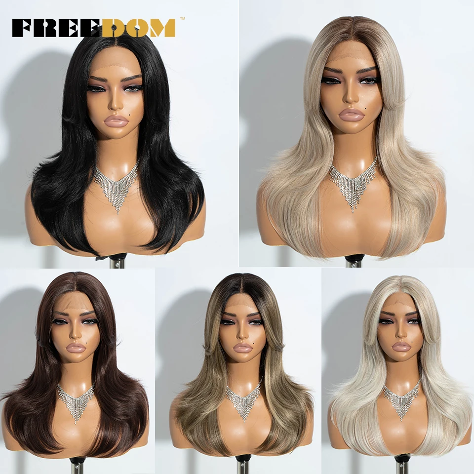 Synthetic Wig Lace Front Wig for Women 20 Inch Straight Ombre Blonde Brown With Bangs Cosplay