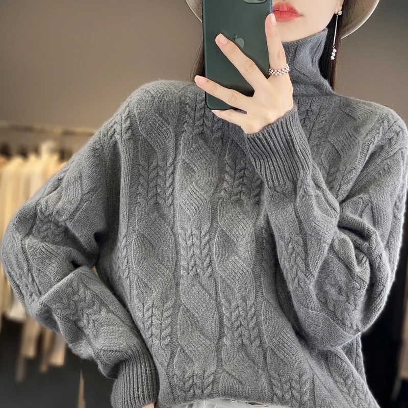 

Women Jumpers LOOSE Winter Thicker Warm Turtleneck Pullovers 100% WOOL Knitting Soft Warm Full Sleeve Sweaters YL01