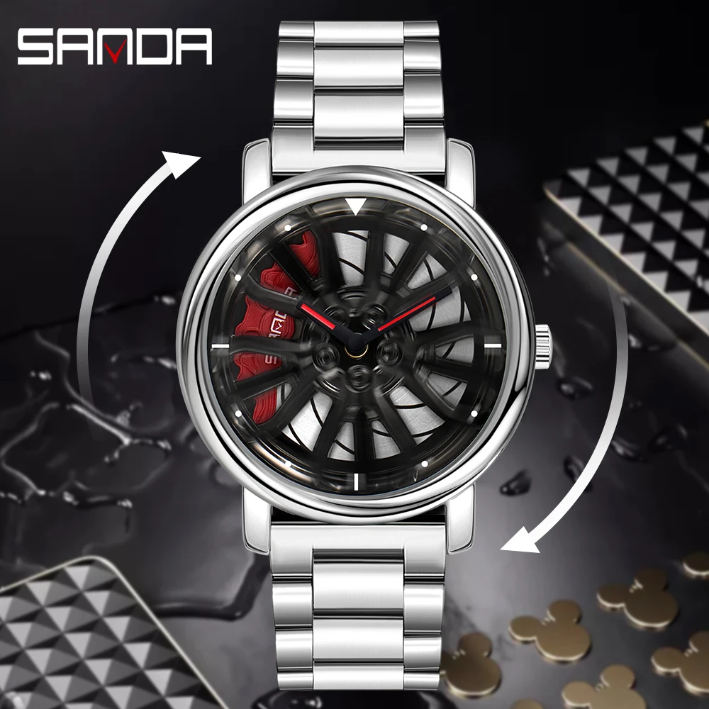 

Men Fashion Hot Sell Car Rim Wristwatch 360 Degree Rotating Wheel Rim Dial Watches Stainless Steel Waterproof Sport Quartz Clock