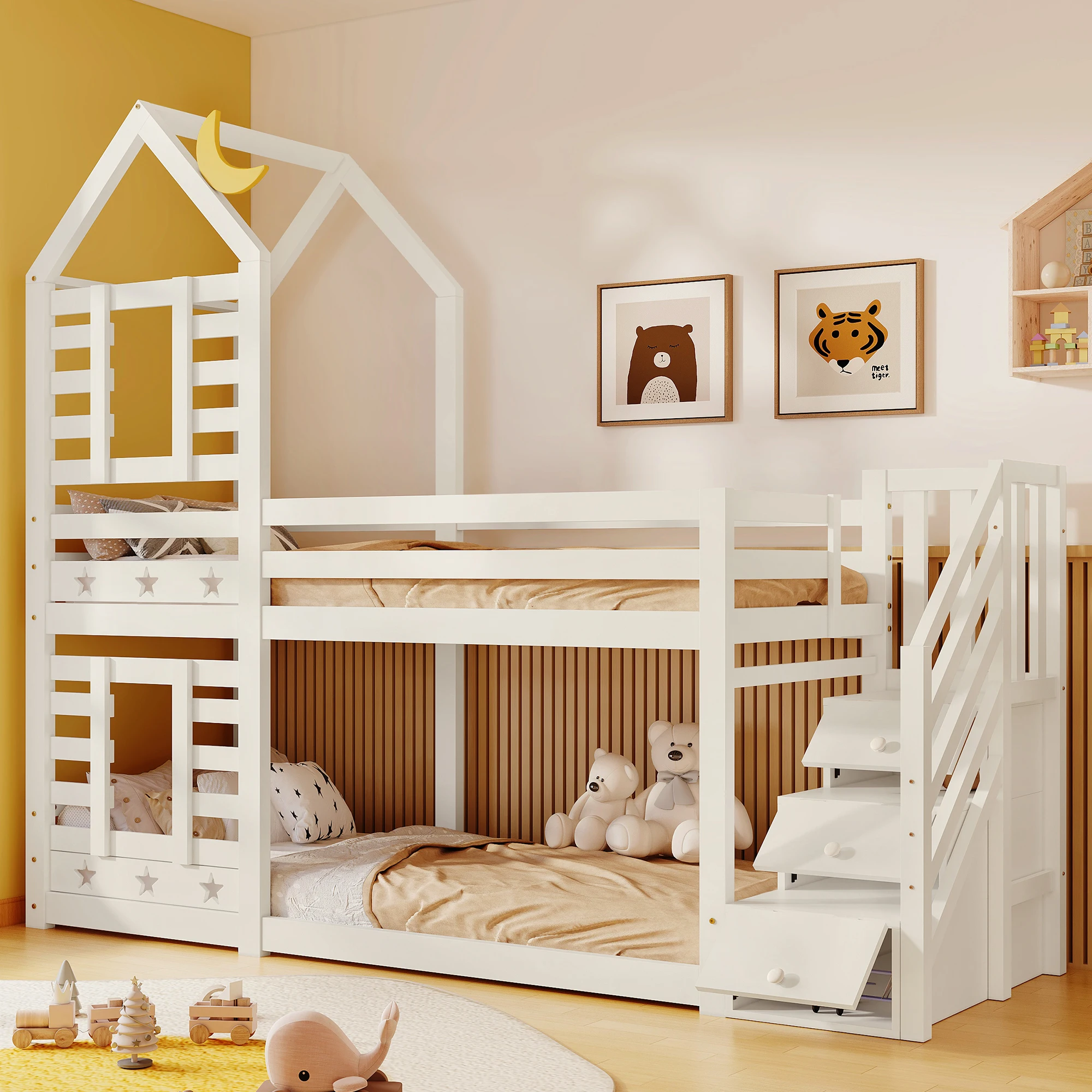 Kinderbett, Etagenbett Baumhaus mit Schubladen und Absturzsicherung 90 x 200 cm, Hochbett für Kinder – 2x Lattenrost – weiß – Detail 11