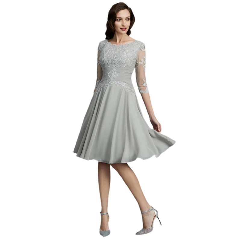 

Silver Mother Of The Bride Dresses A-line Half Sleeves Knee Length Chiffon Appliques Short Groom Mother Dresses For Wedding
