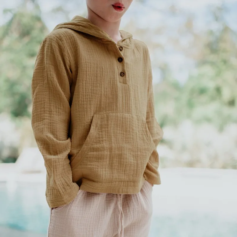 Cotton Double-Layer Gauze Thin Hoodies Casual Children's Spring New Loose Pockets Half Open Buttons Long-Sleeved Shirts