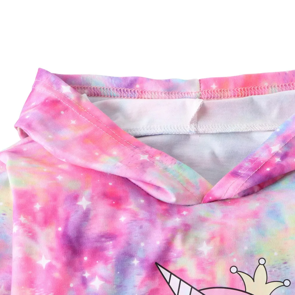 Children Girls Set Spring Autumn Casual Cartoon Printed Tie-dye Full Print Hooded Coat T-shirt Pants Kids Tracksuit 2Pcs Clothes
