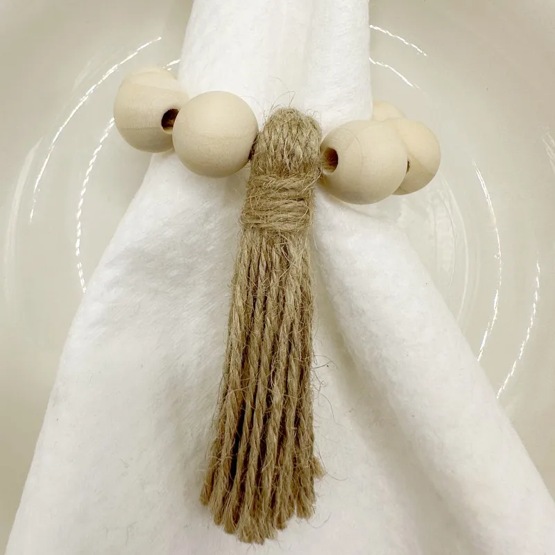 Wooden Beads Napkin Ring Garland Tassels Table Napkin Holder 6/12 Pack